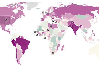 Changes in political polarisation over the past 15 years - Source WTW research, Varieties of Democracy Database, Fragile States Index